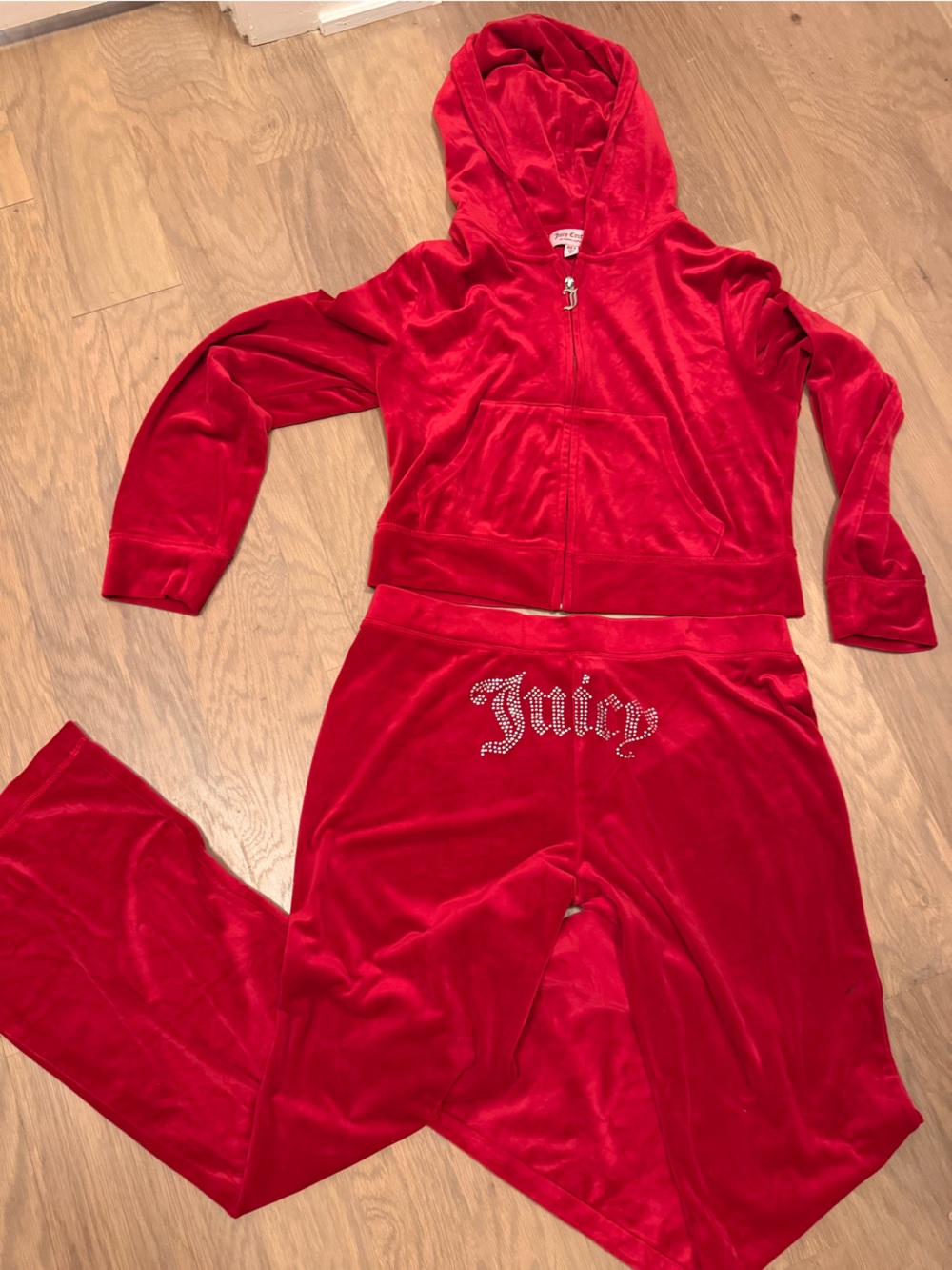 Y2K Juicy Couture Red Velour Track Suit Set - Size L Iconic Rhinestone Logo
